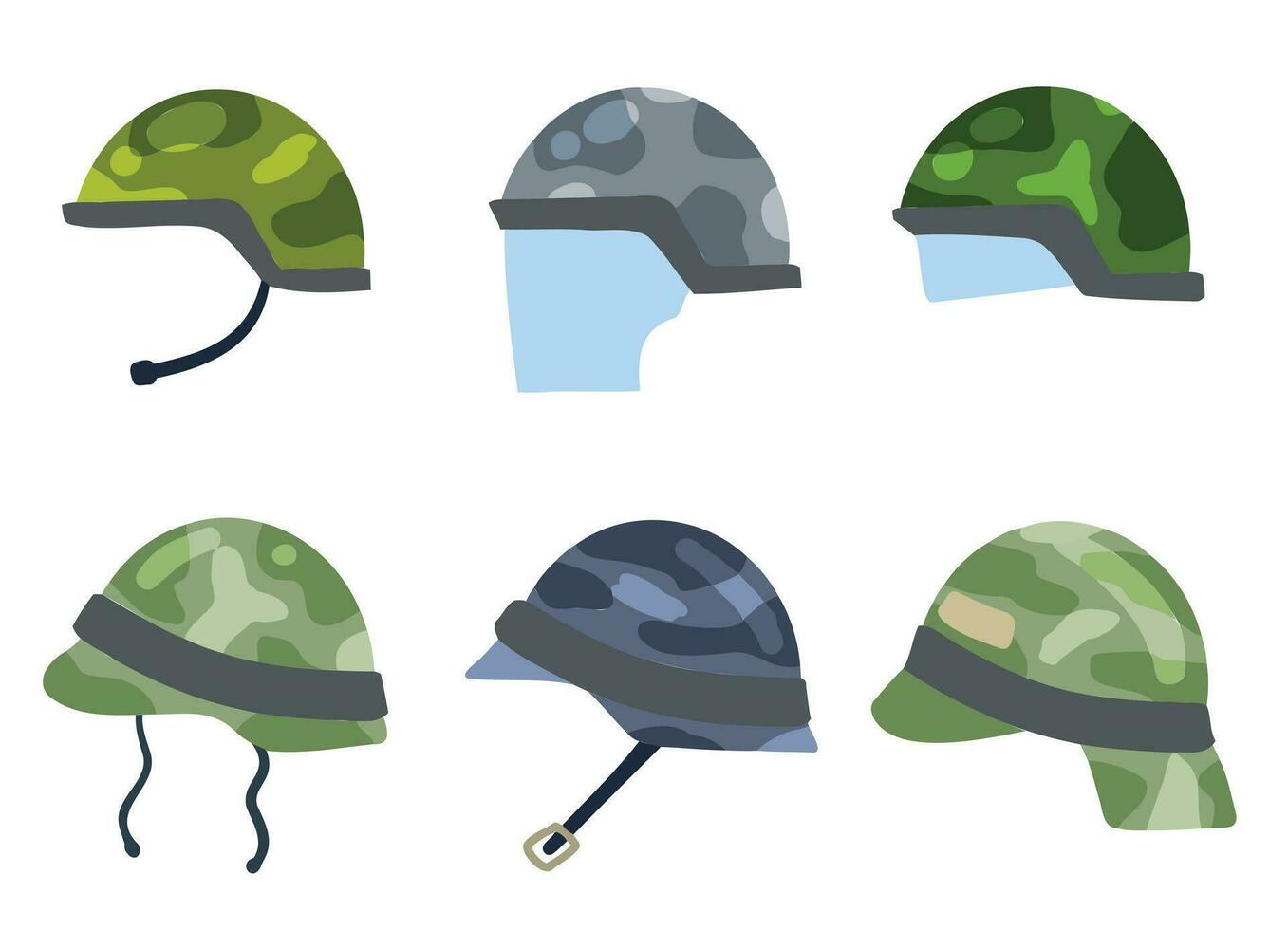 conjunto de militar casco de moderno soldado. verde protector gorra. colección de munición y uniformes, plano dibujos animados aislado en blanco vector