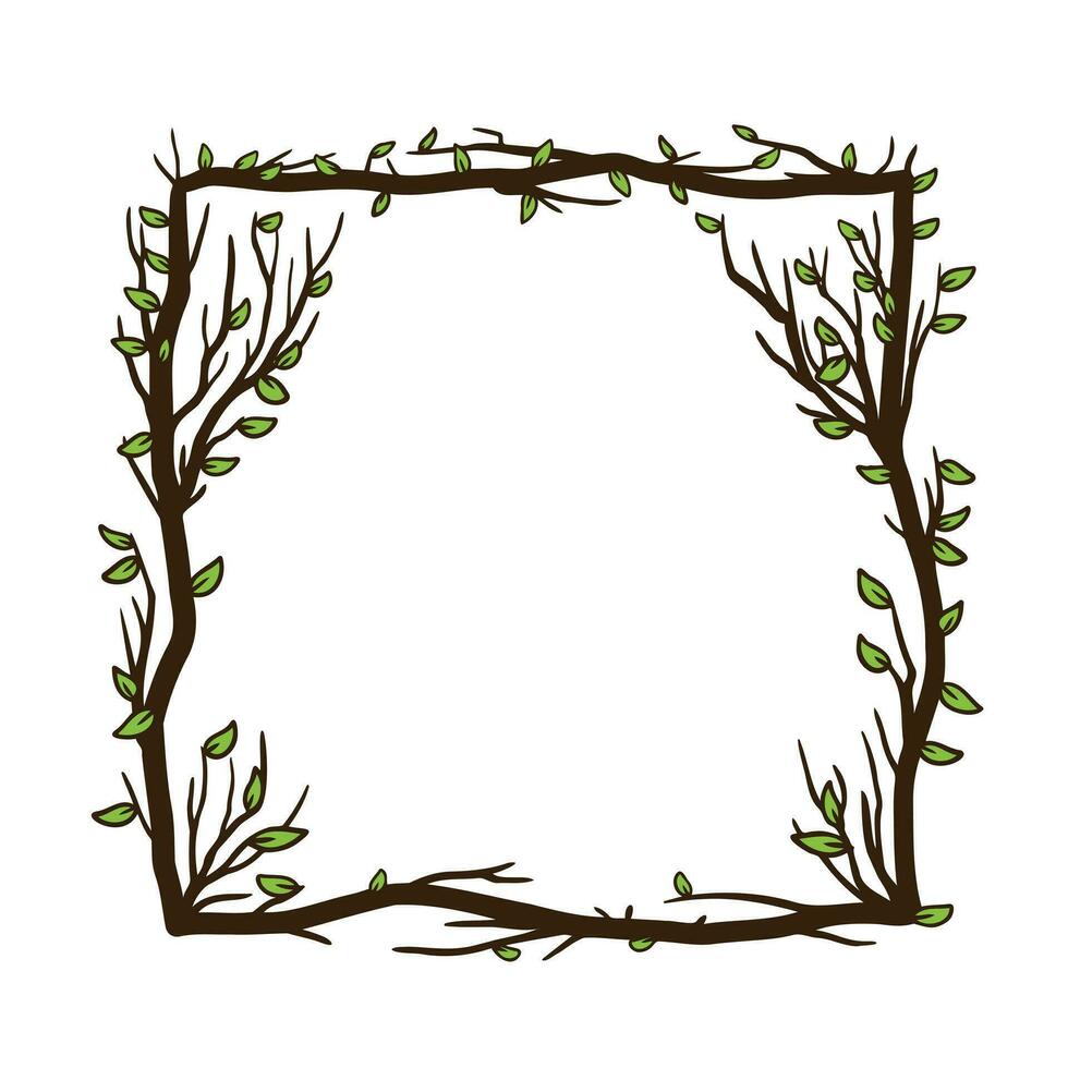 Tree frame, floral square border. Plant and twig decoration isolated on white background. Black outline silhouette. Decorative vintage scary element with leaf. Dark forest concept. vector