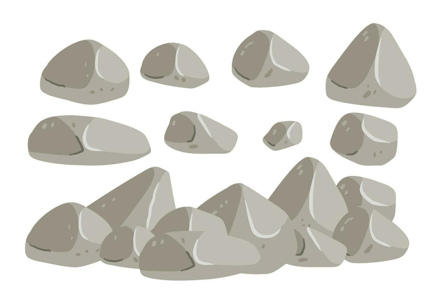 Set of stones. Gray cobblestone. Element of nature and mountains. Items for decoration and background. Flat cartoon. Boulder cobble debris. Block granite material. vector