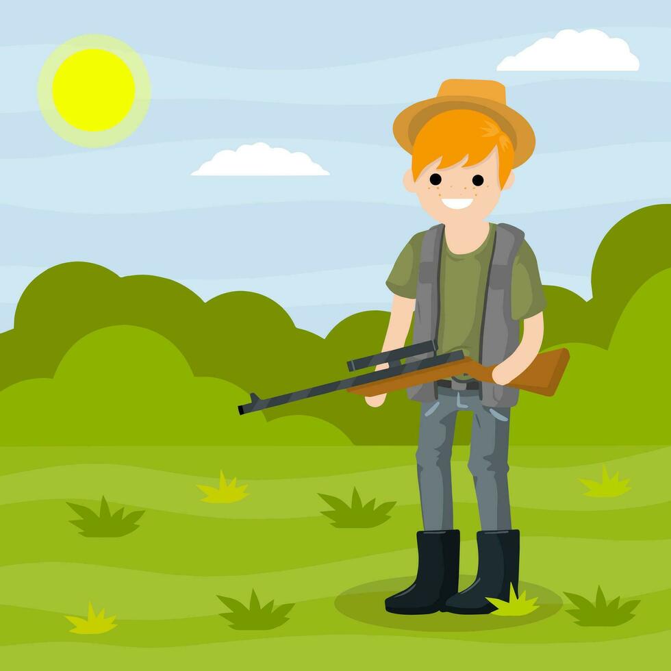Man hunter with a gun. Survival in the woods. Equipment for hunting animals. Green forest, trees, field, bushes. Shooter and weapon. Cartoon flat illustration. Summer season. Guy with the rifle vector