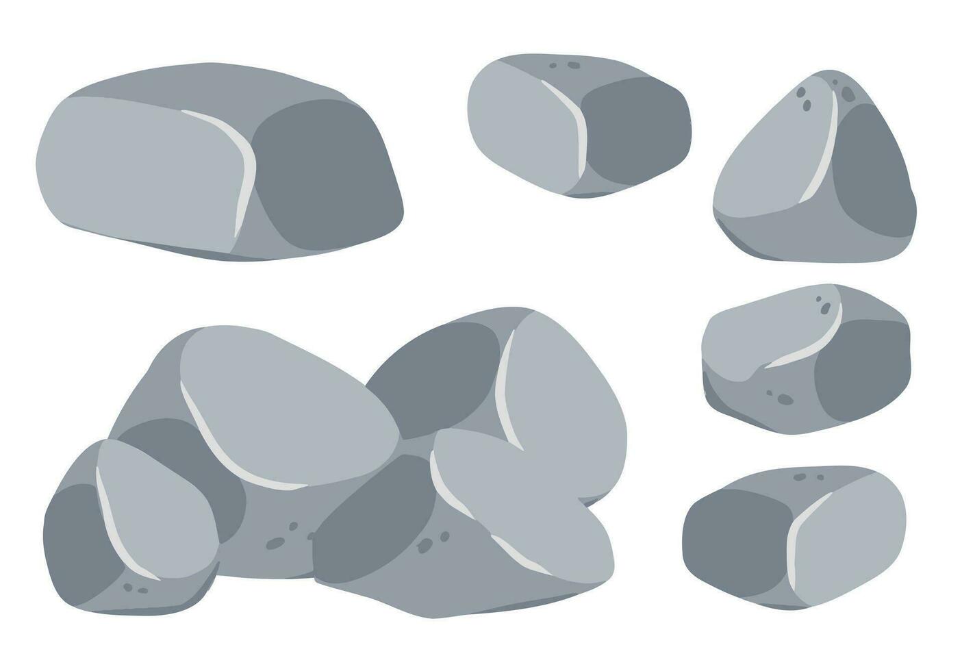 Set of stones. Gray cobblestone. Element of nature and mountains. Items for decoration and background. Flat cartoon. Boulder cobble debris. Block granite material. vector