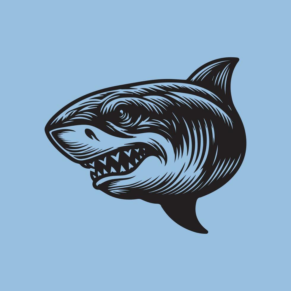 Shark head on a blue background. Vector illustration in vintage style.