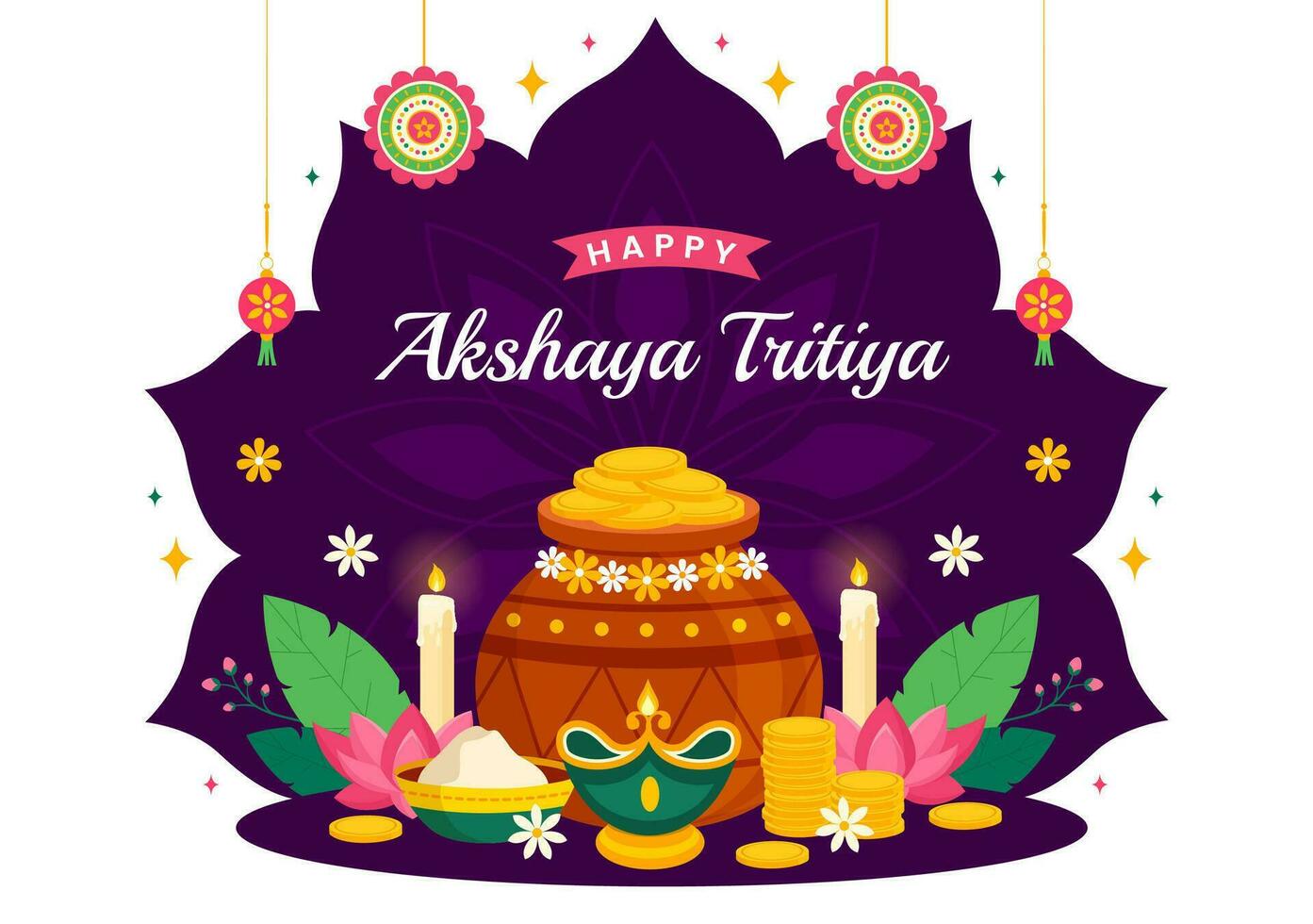 akshaya tritiya festival vector ilustración con un dorado kalash, vela, maceta y oro monedas para Dhanteras celebracion en tradicional hindú fiesta