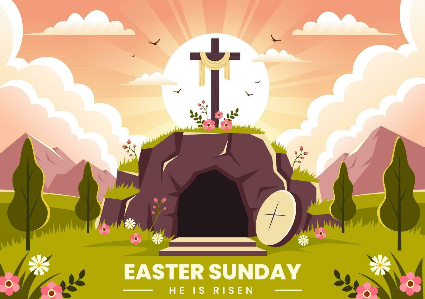 Happy Easter Sunday Vector Illustration of Jesus, He is Risen and Celebration of Resurrection with Cave and the Cross in Flat Cartoon Background