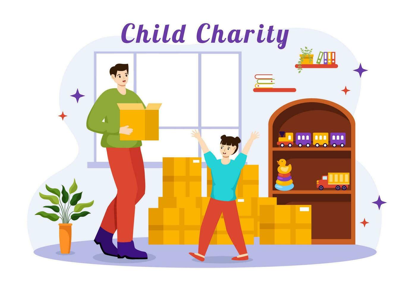 Child Charity Vector Illustration of Charitable Support and Protection of Children with Toy Donation Boxes, Food and Medications Humanitarian Aid