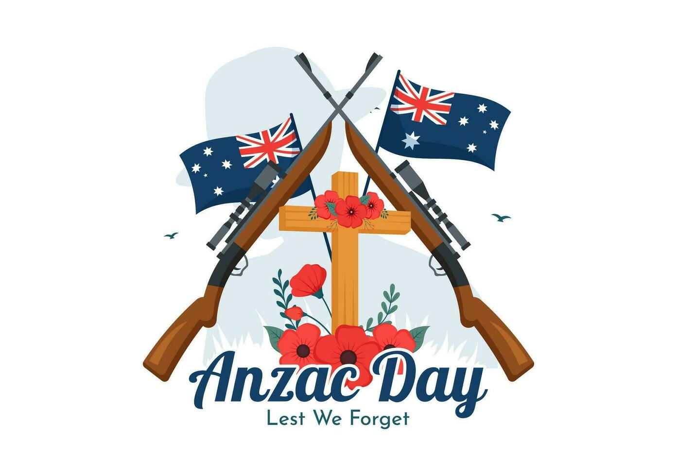 Anzac Day of Lest We Forget Vector Illustration on 25 April with Remembrance Soldier Paying Respect and Red Poppy Flower in Flat Cartoon Background