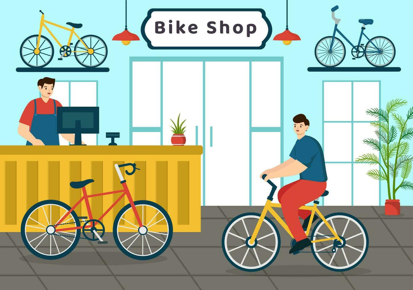 bicicleta tienda vector ilustración con compradores personas elegir ciclos, accesorios o engranaje equipo para montando en plano dibujos animados antecedentes diseño