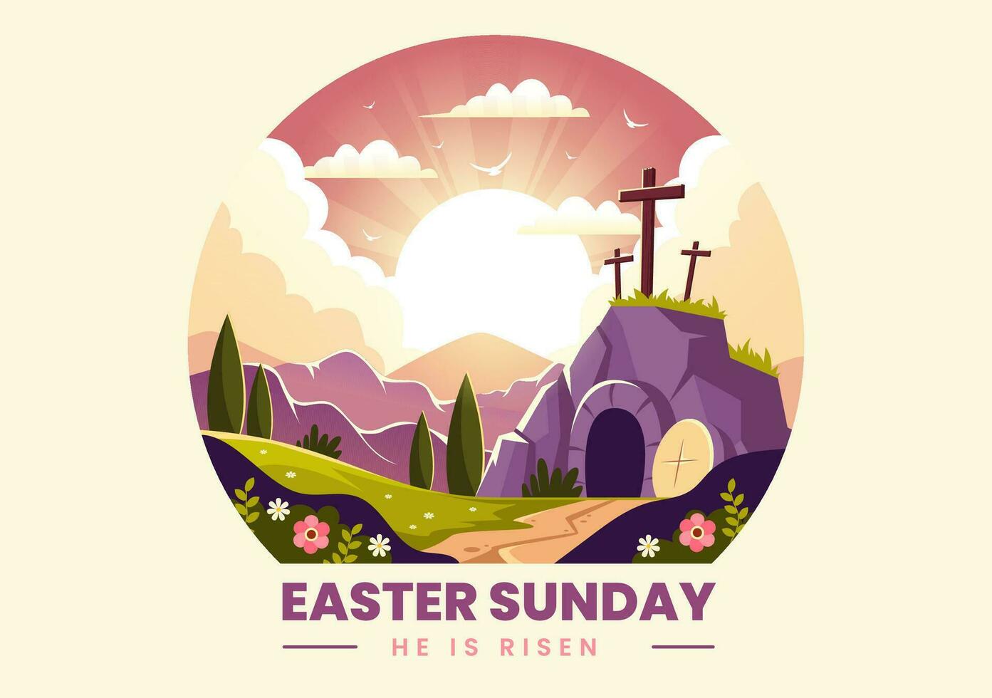 Happy Easter Sunday Vector Illustration of Jesus, He is Risen and Celebration of Resurrection with Cave and the Cross in Flat Cartoon Background