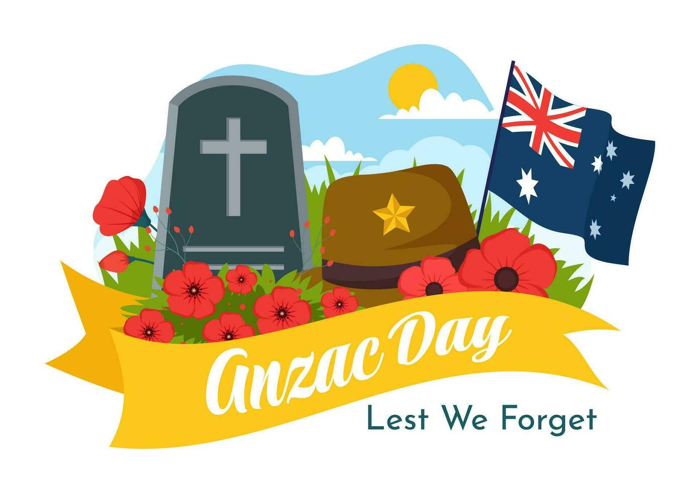 Anzac Day of Lest We Forget Vector Illustration on 25 April with Remembrance Soldier Paying Respect and Red Poppy Flower in Flat Cartoon Background