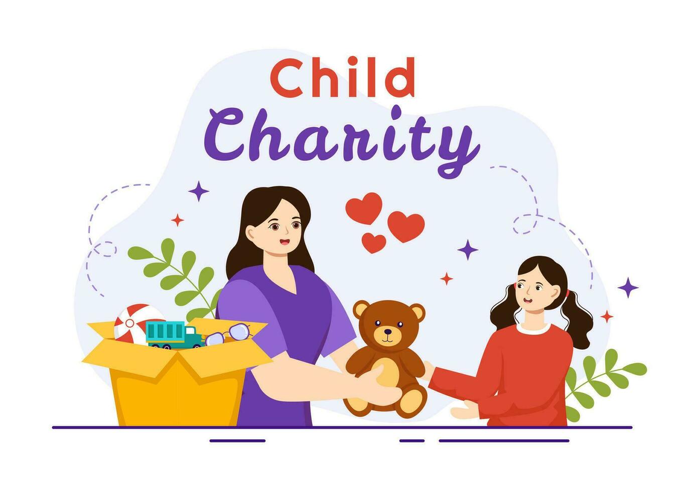 niño caridad vector ilustración de Caritativo apoyo y proteccion de niños con juguete donación cajas, comida y medicamentos humanitario ayuda