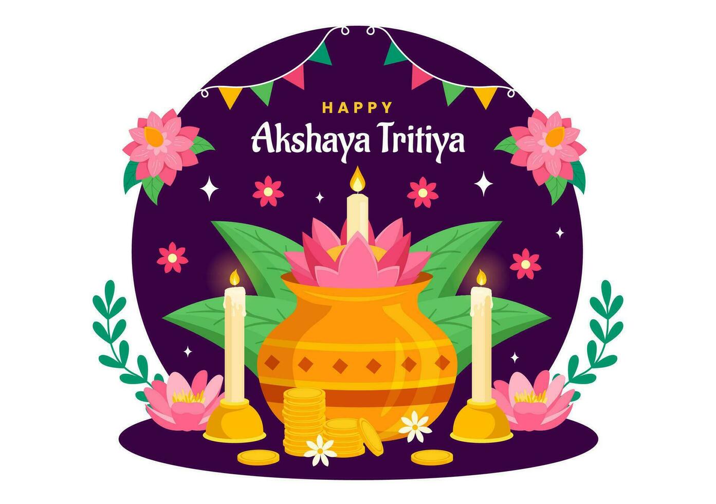 akshaya tritiya festival vector ilustración con un dorado kalash, vela, maceta y oro monedas para Dhanteras celebracion en tradicional hindú fiesta