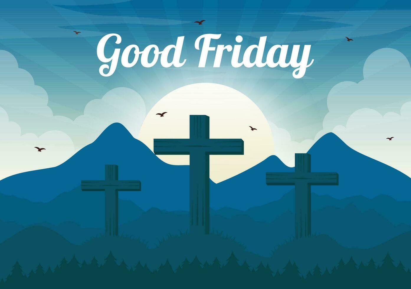 Happy Good Friday Vector Illustration with Christian Holiday of Jesus Christ Crucifixion and Pigeons in Flat Cartoon Background Design