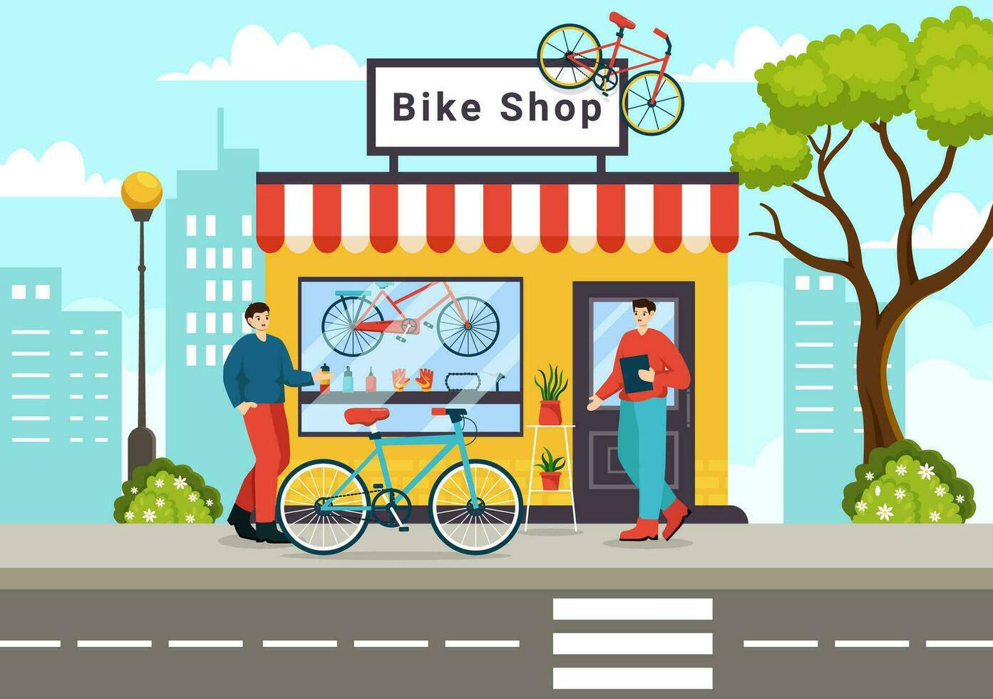 bicicleta tienda vector ilustración con compradores personas elegir ciclos, accesorios o engranaje equipo para montando en plano dibujos animados antecedentes diseño