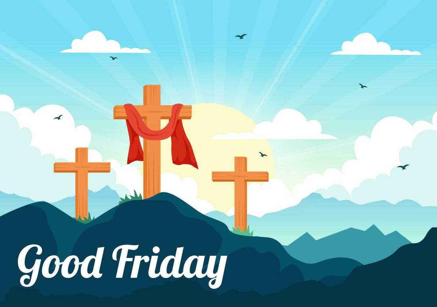 Happy Good Friday Vector Illustration with Christian Holiday of Jesus Christ Crucifixion and Pigeons in Flat Cartoon Background Design