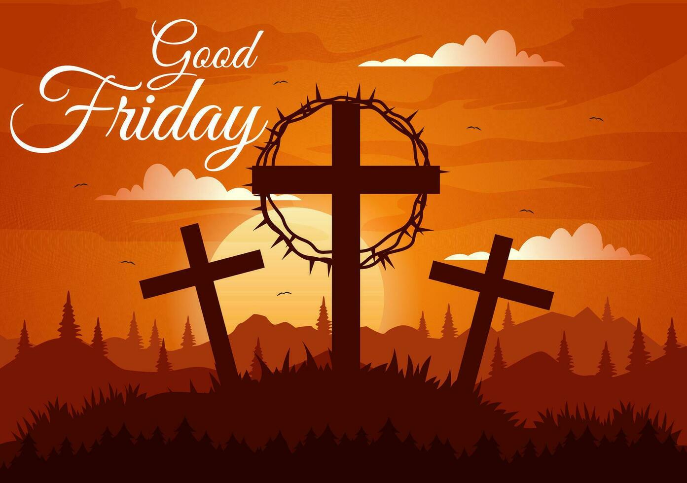 Happy Good Friday Vector Illustration with Christian Holiday of Jesus Christ Crucifixion and Pigeons in Flat Cartoon Background Design