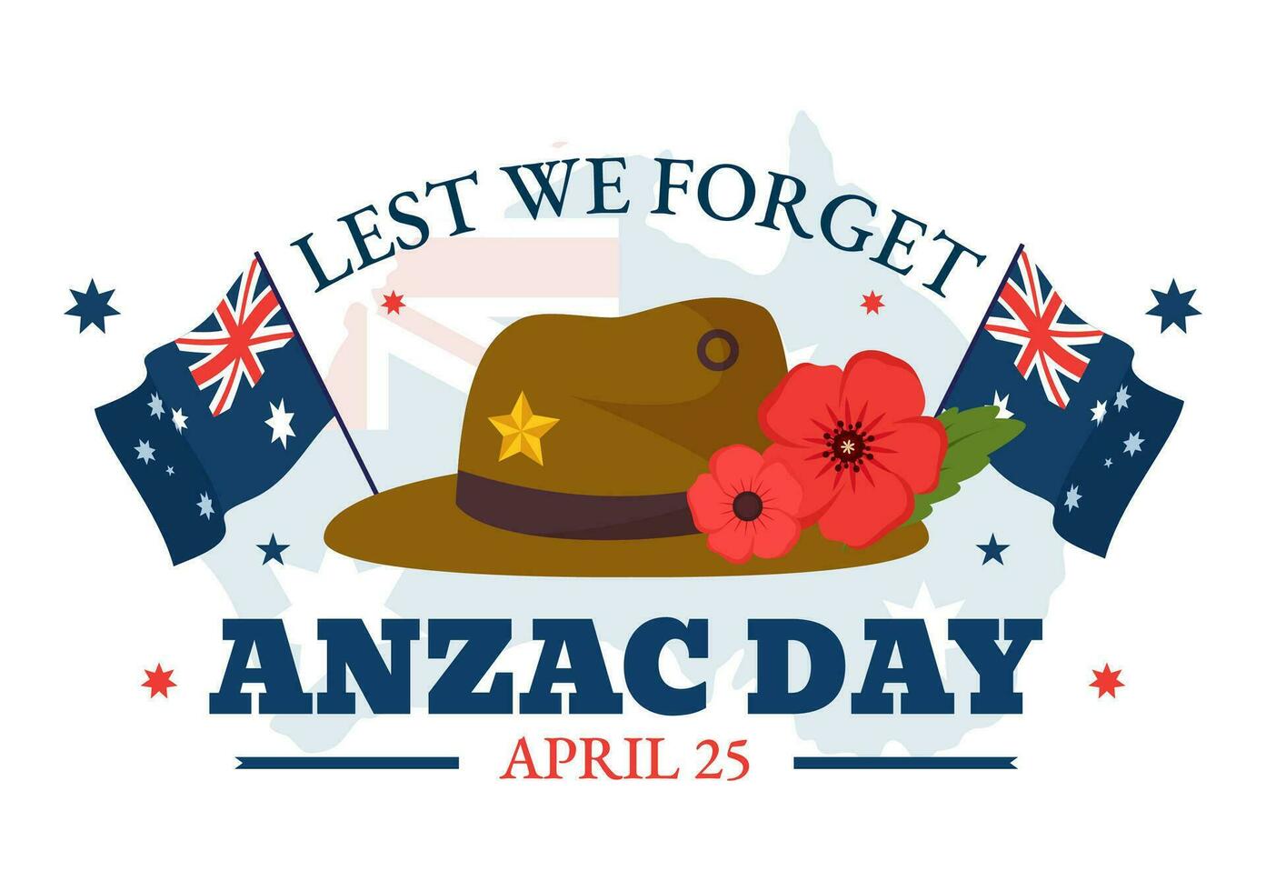 Anzac Day of Lest We Forget Vector Illustration on 25 April with Remembrance Soldier Paying Respect and Red Poppy Flower in Flat Cartoon Background