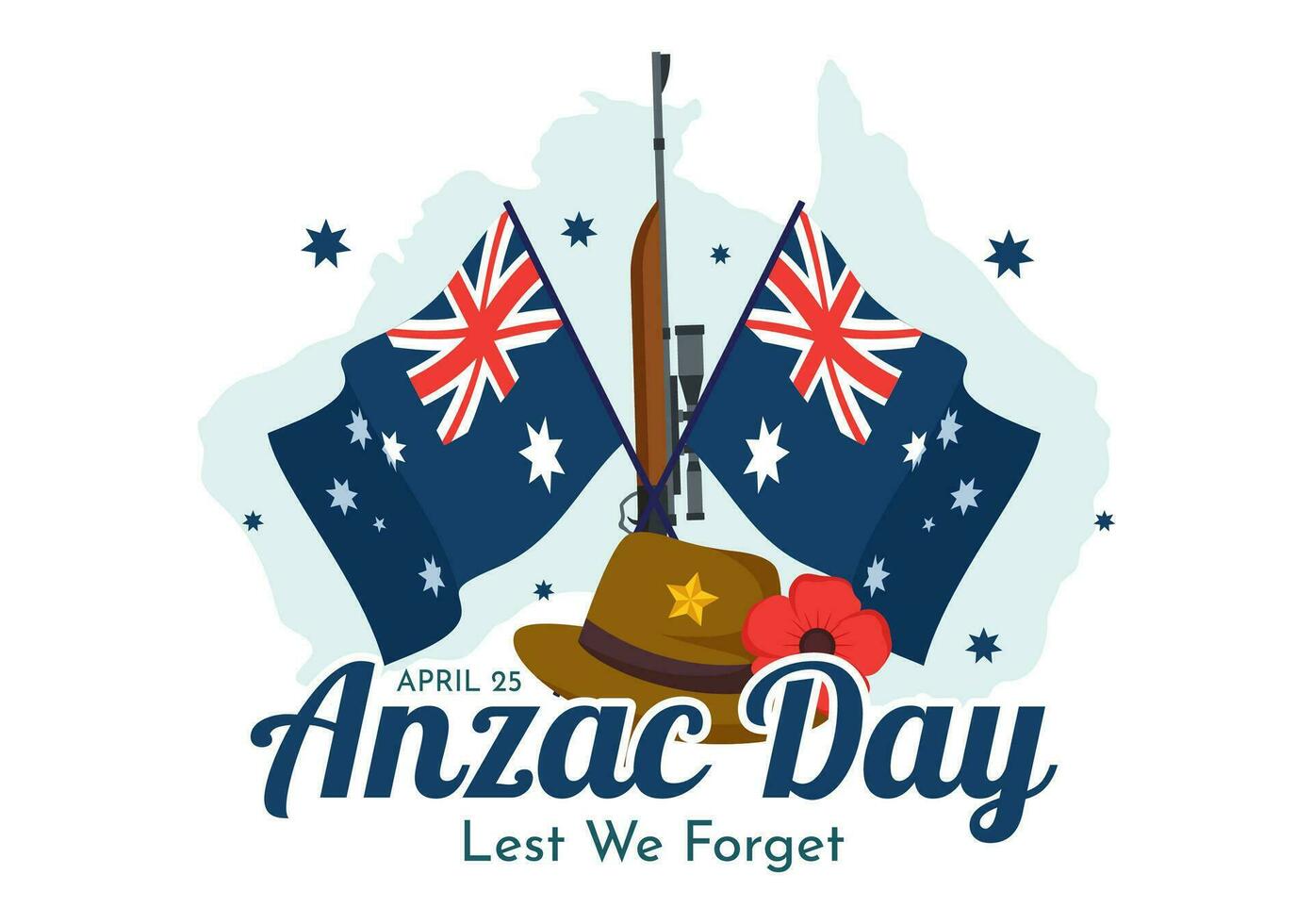 Anzac Day of Lest We Forget Vector Illustration on 25 April with Remembrance Soldier Paying Respect and Red Poppy Flower in Flat Cartoon Background