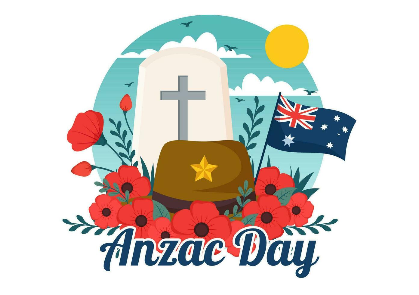 Anzac Day of Lest We Forget Vector Illustration on 25 April with Remembrance Soldier Paying Respect and Red Poppy Flower in Flat Cartoon Background