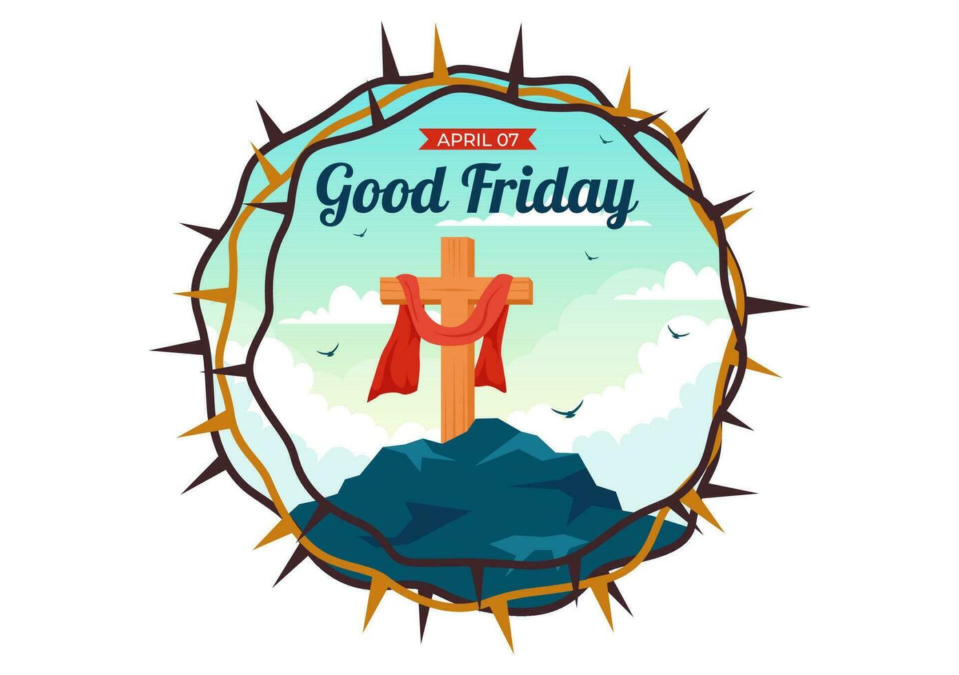 Happy Good Friday Vector Illustration with Christian Holiday of Jesus Christ Crucifixion and Pigeons in Flat Cartoon Background Design