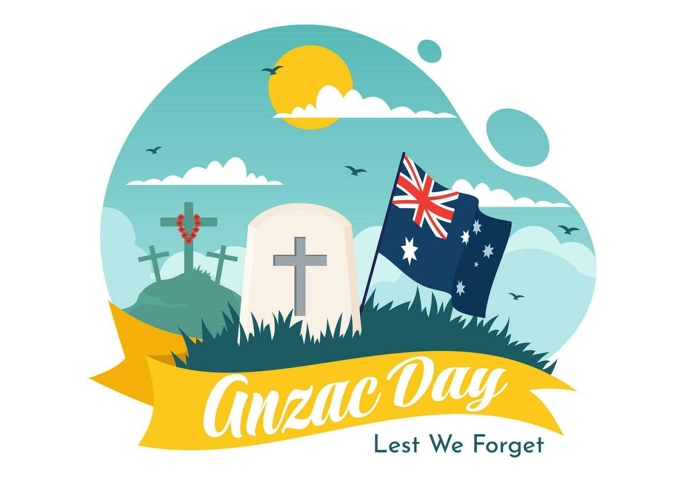 Anzac Day of Lest We Forget Vector Illustration on 25 April with Remembrance Soldier Paying Respect and Red Poppy Flower in Flat Cartoon Background