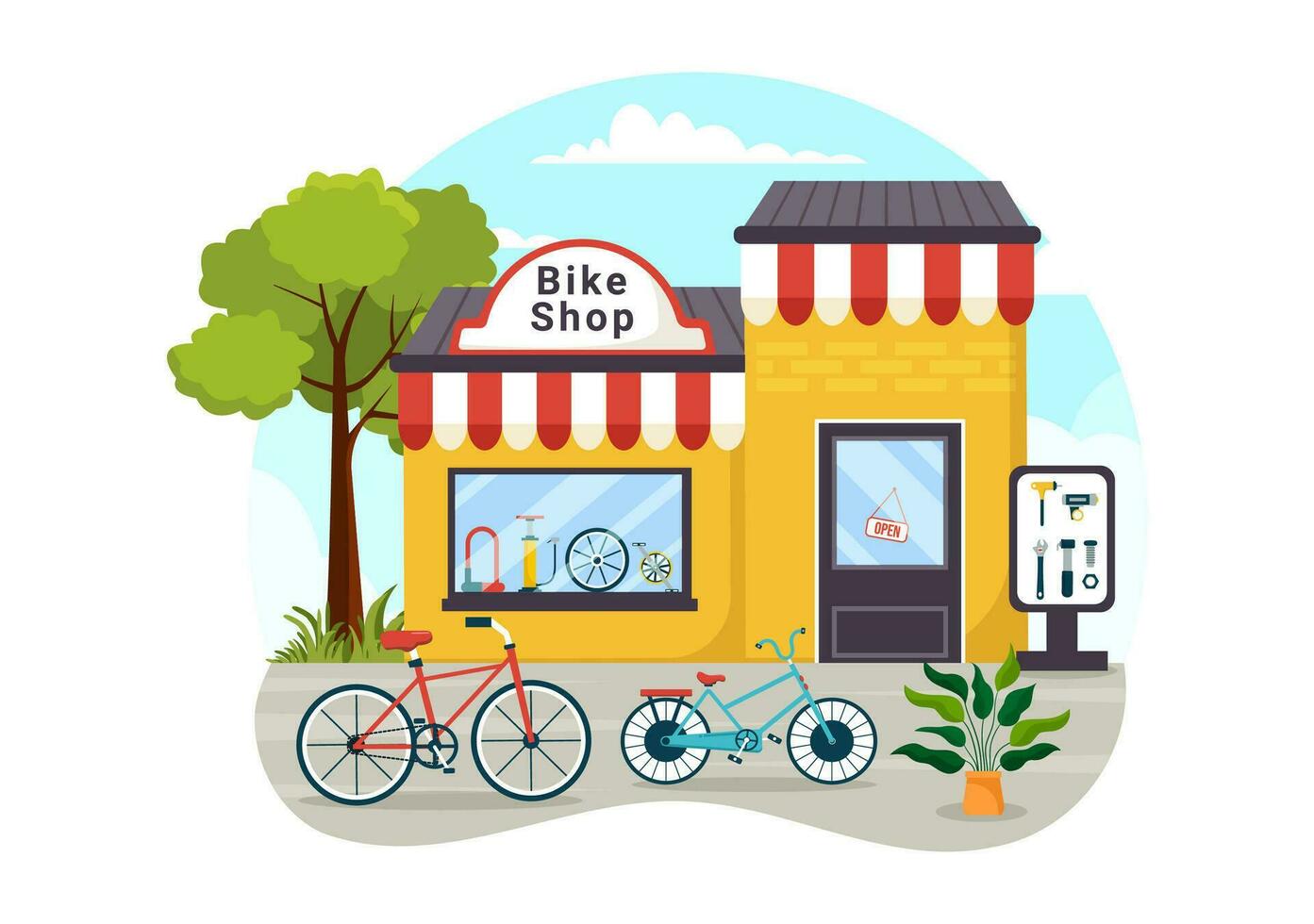 bicicleta tienda vector ilustración con compradores personas elegir ciclos, accesorios o engranaje equipo para montando en plano dibujos animados antecedentes diseño