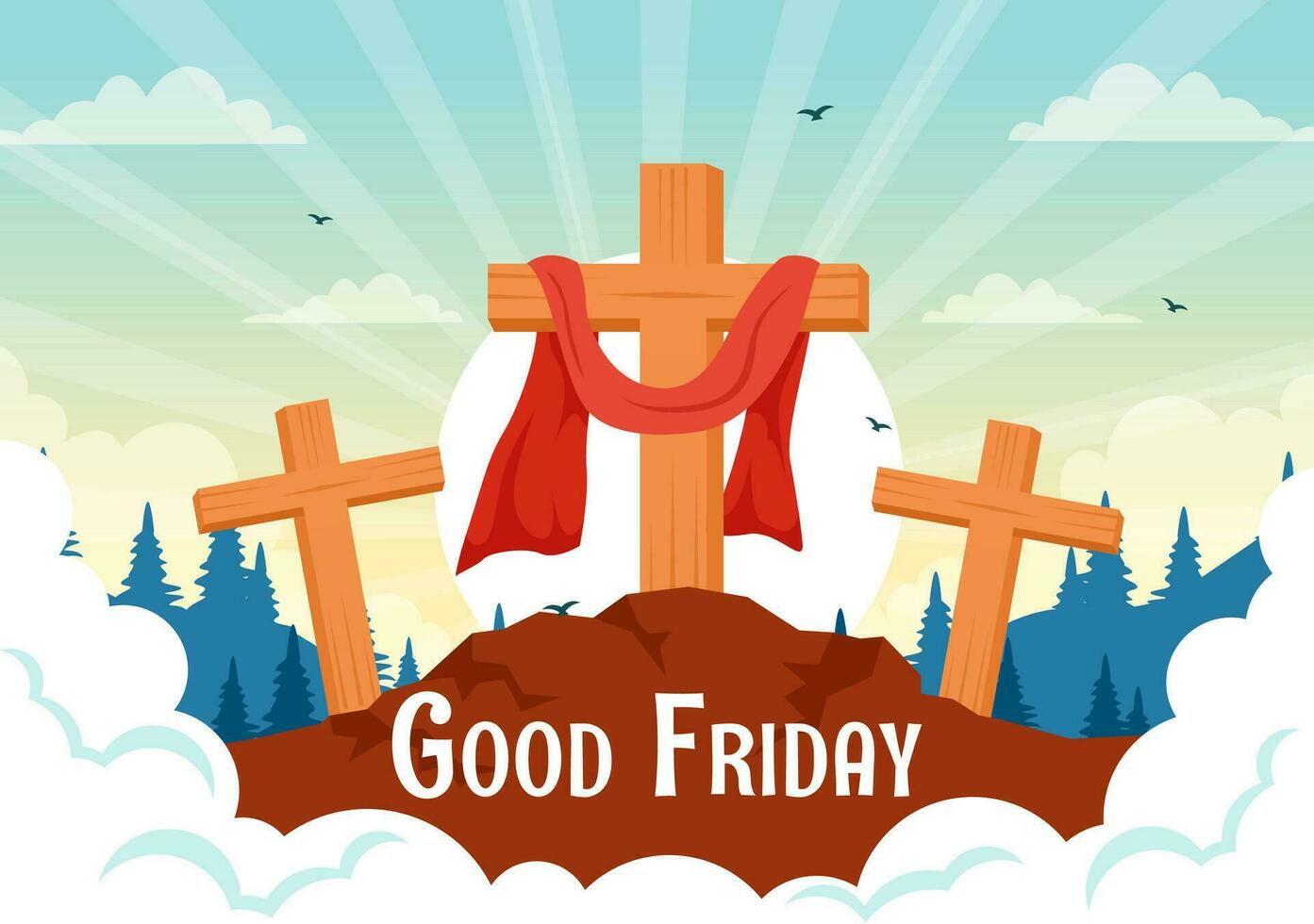 Happy Good Friday Vector Illustration with Christian Holiday of Jesus Christ Crucifixion and Pigeons in Flat Cartoon Background Design