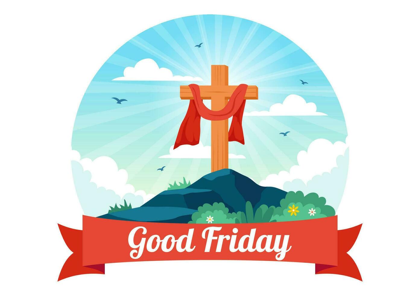 Happy Good Friday Vector Illustration with Christian Holiday of Jesus Christ Crucifixion and Pigeons in Flat Cartoon Background Design