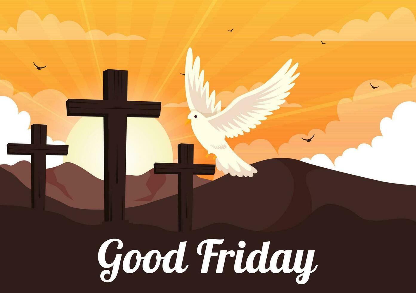 Happy Good Friday Vector Illustration with Christian Holiday of Jesus Christ Crucifixion and Pigeons in Flat Cartoon Background Design