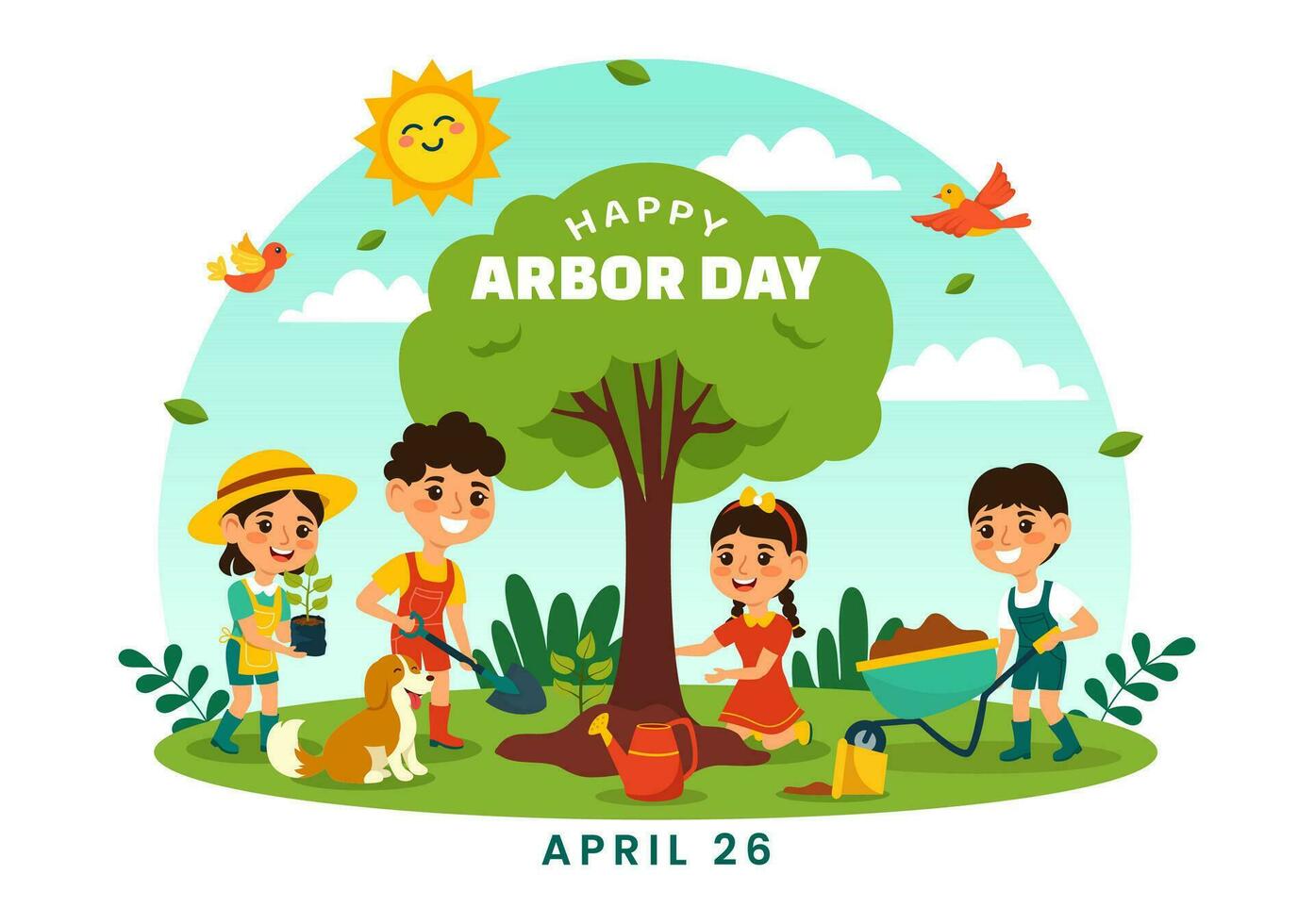 contento cenador día vector ilustración con plantando un árbol, planta, jardín herramientas y naturaleza ambiente en plano niños dibujos animados antecedentes