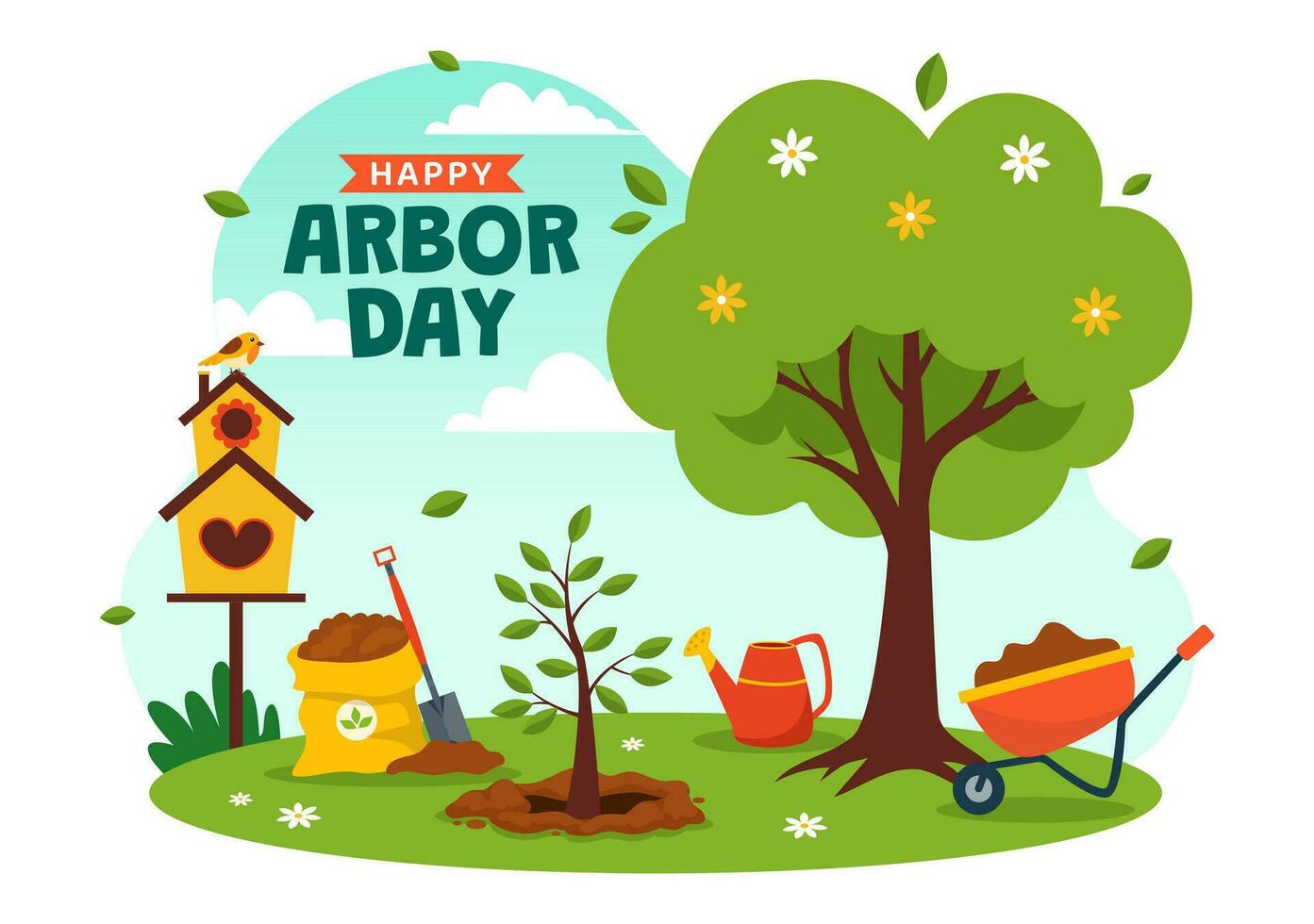 Happy Arbor Day Vector Illustration with Planting a Tree, Plant, Garden Tools and Nature Environment in Flat Kids Cartoon Background