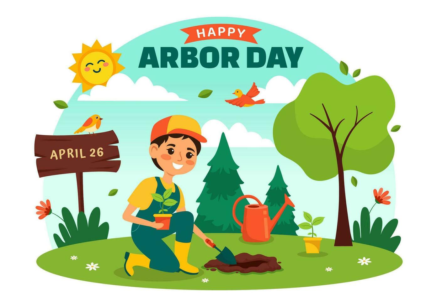 Happy Arbor Day Vector Illustration with Planting a Tree, Plant, Garden Tools and Nature Environment in Flat Kids Cartoon Background