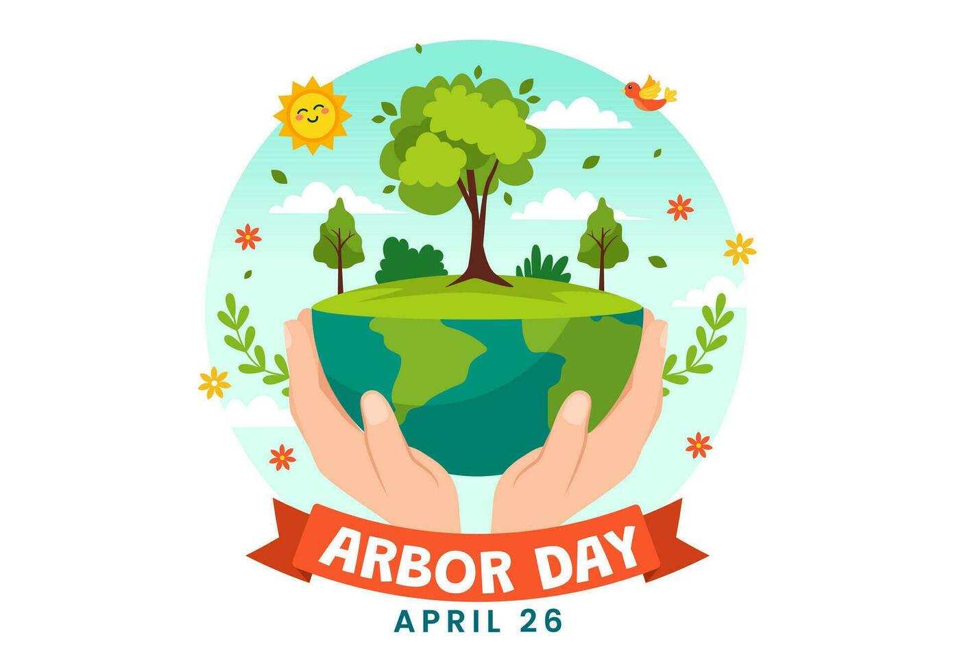 Happy Arbor Day Vector Illustration with Planting a Tree, Plant, Garden Tools and Nature Environment in Flat Kids Cartoon Background