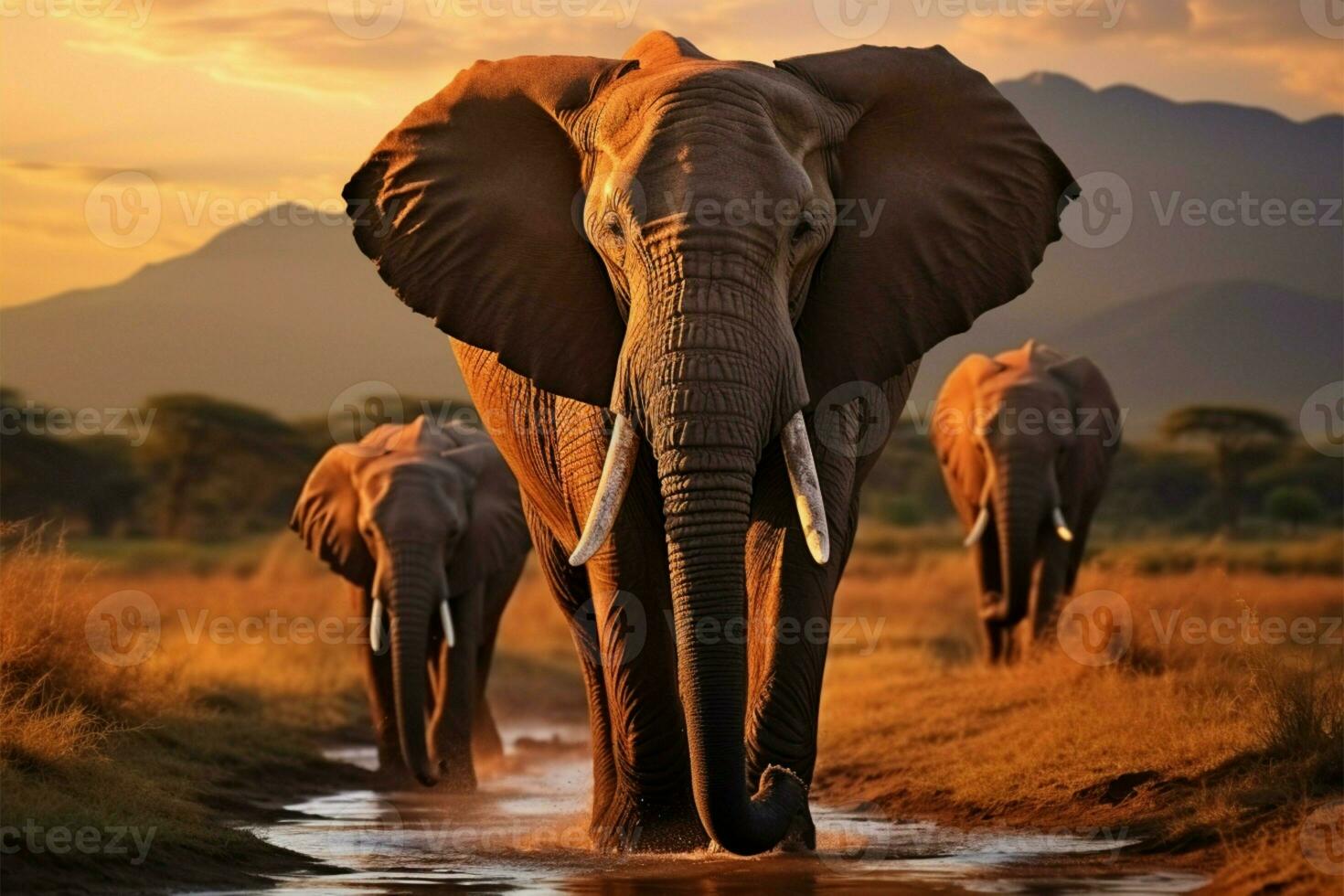 AI generated African wildlife elephants crossing Olifant River in Amboseli National Park photo