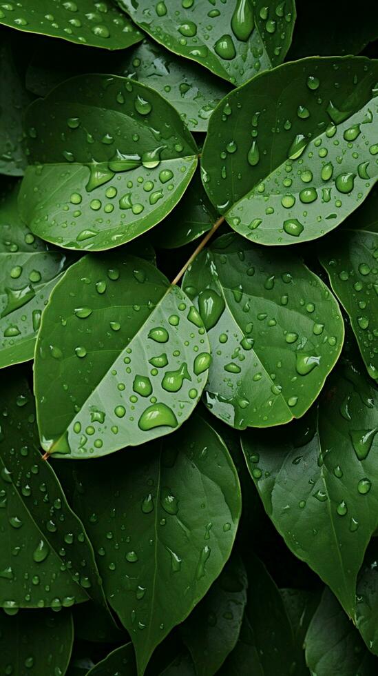 AI generated Damp and slick texture wet leaves with water droplets background Vertical Mobile Wallpaper photo