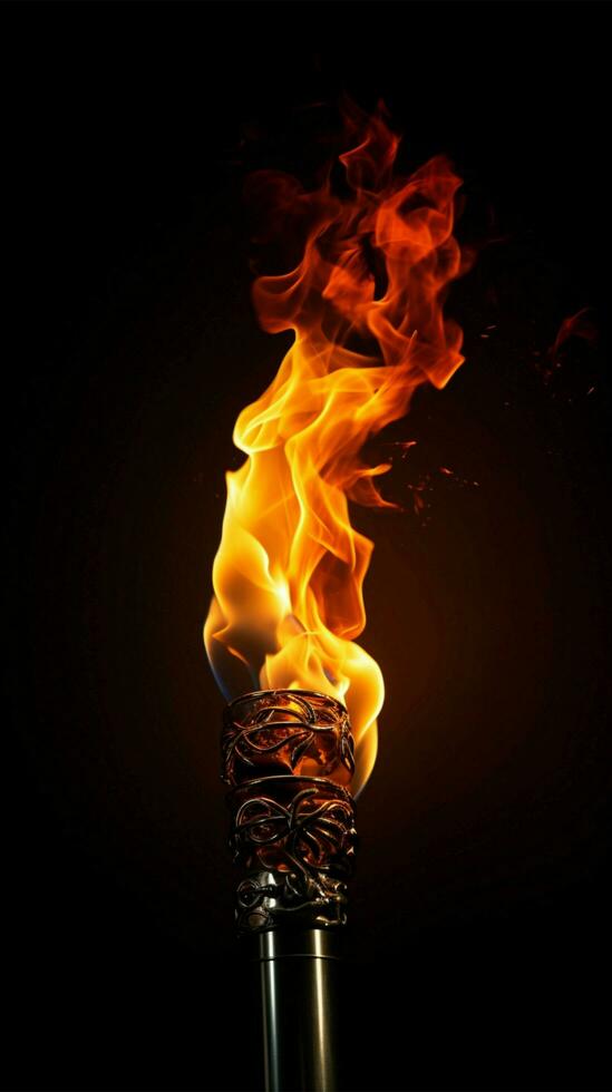 AI generated Close up fire torch vivid flames pierce the black, mesmerizingly dynamic Vertical Mobile Wallpaper photo