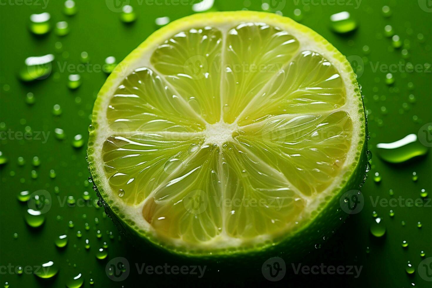 AI generated Lime Radiance Fresh lime slice with water drop, green background photo