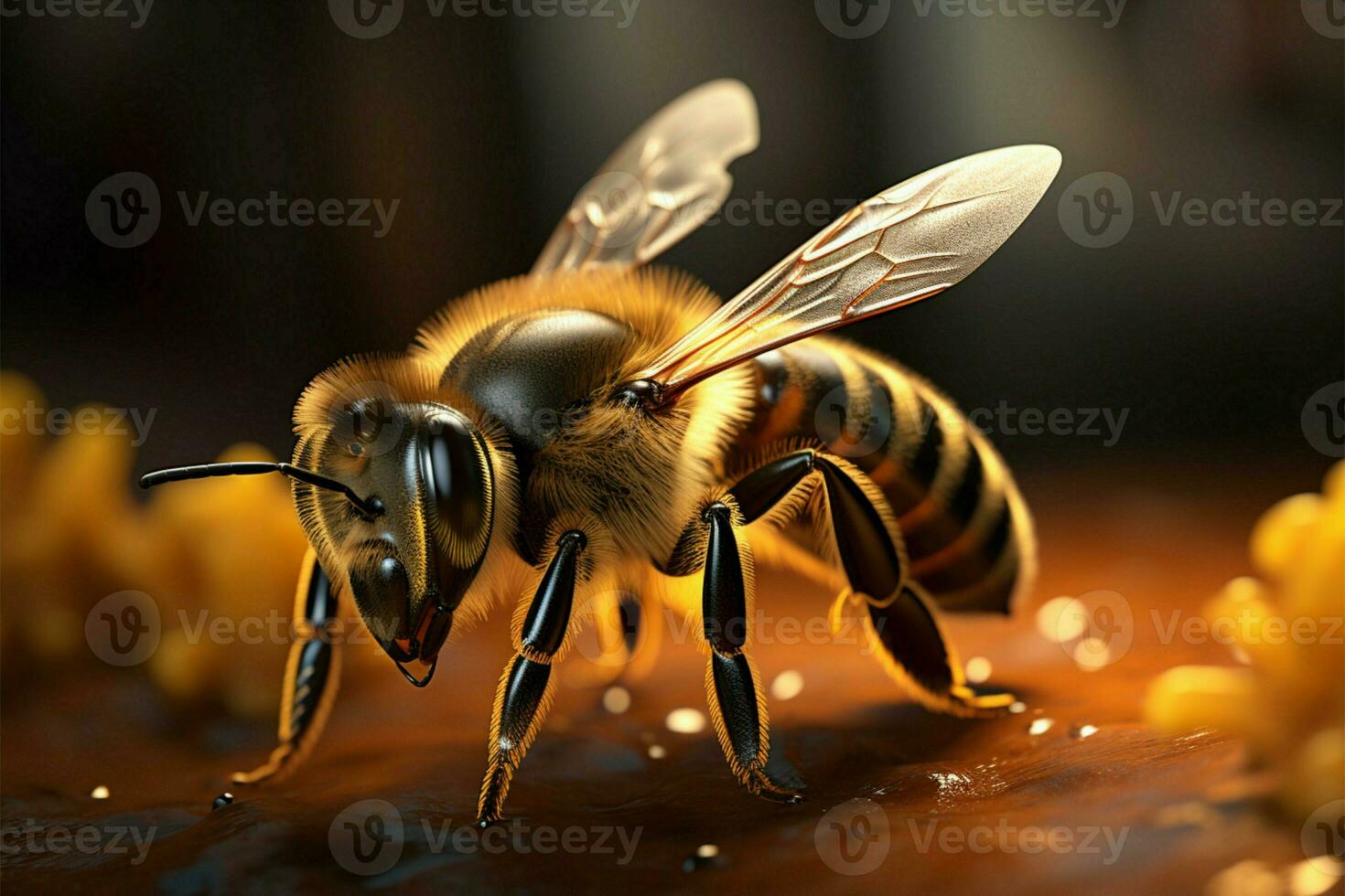 AI generated Insect Elegance Realistic depiction of honey bees collecting pollen up close photo