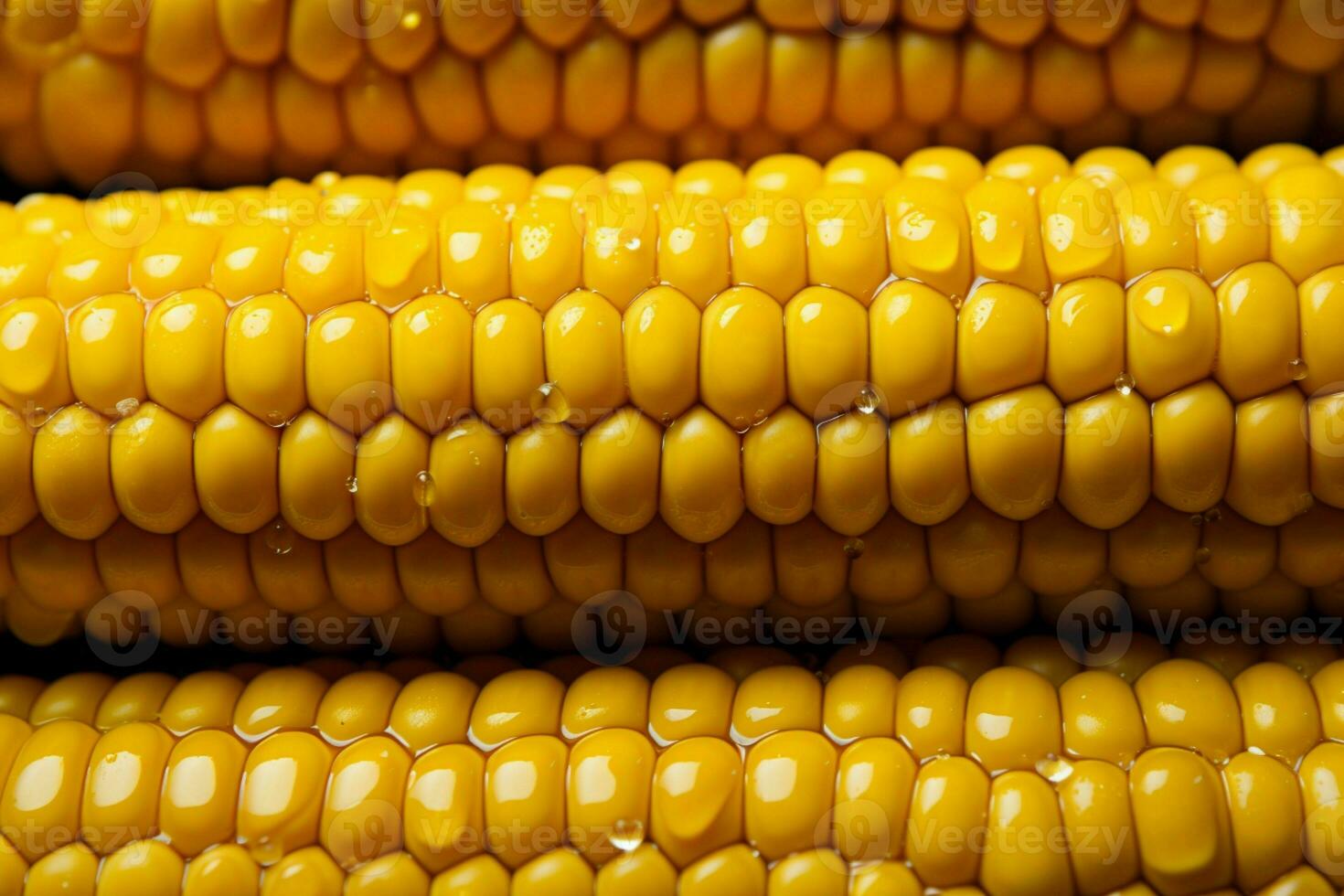 AI generated Seed perfection, raw corn kernels in rows, each adorned with droplets photo