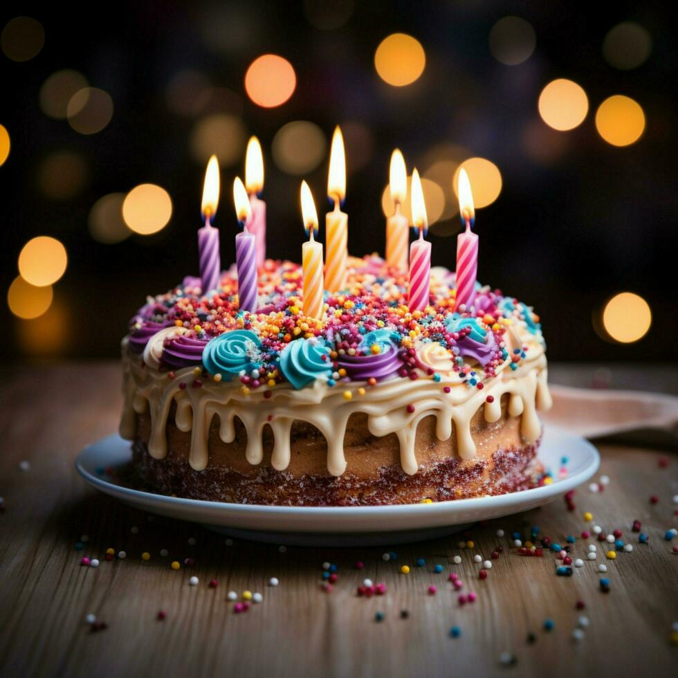 AI generated Colorful birthday cake with candles on wooden table, defocused lights For Social Media Post Size photo