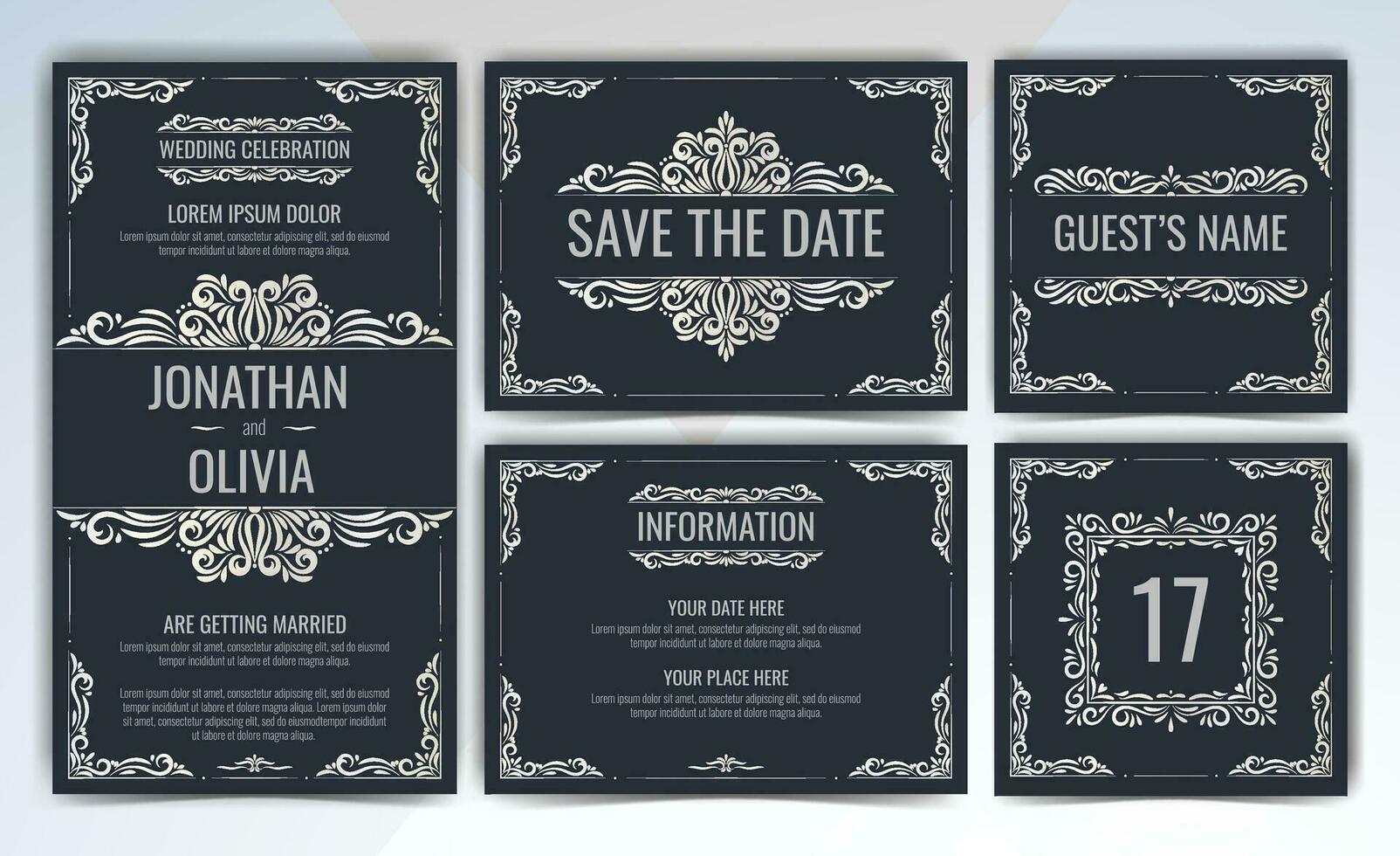 Set of wedding invitations cards with silver ornaments. Elegant classic invite, save the date, table number and information design. Vintage victorian frames and decorations. vector