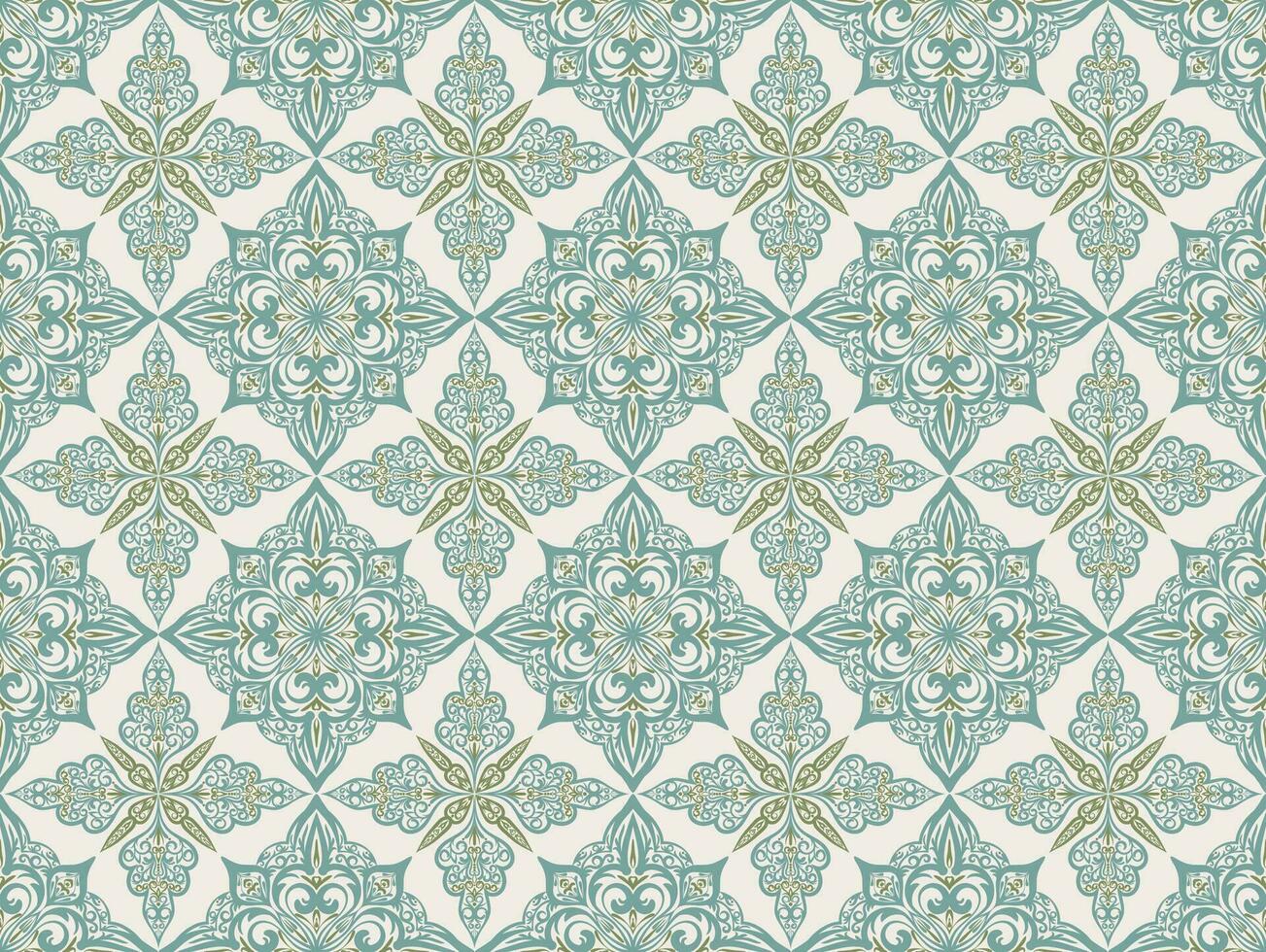 Seamless pattern with classic ornament. Green background with victorian ornaments for fabric, ceramic tiles, wallpapers, design. Textile print for arabic scarf vector