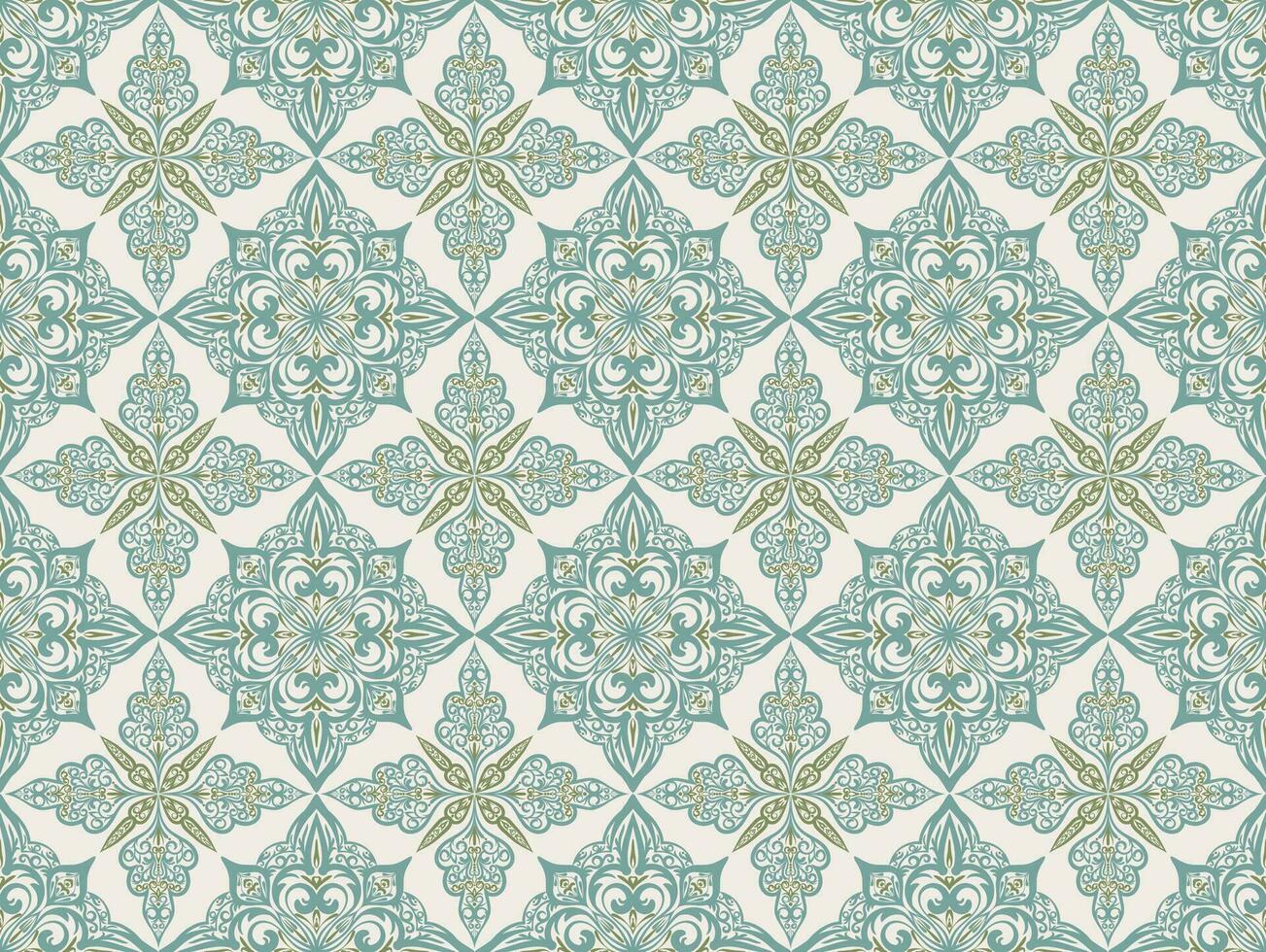 Seamless pattern with classic ornament. Green background with victorian ornaments for fabric, ceramic tiles, wallpapers, design. Textile print for arabic scarf vector