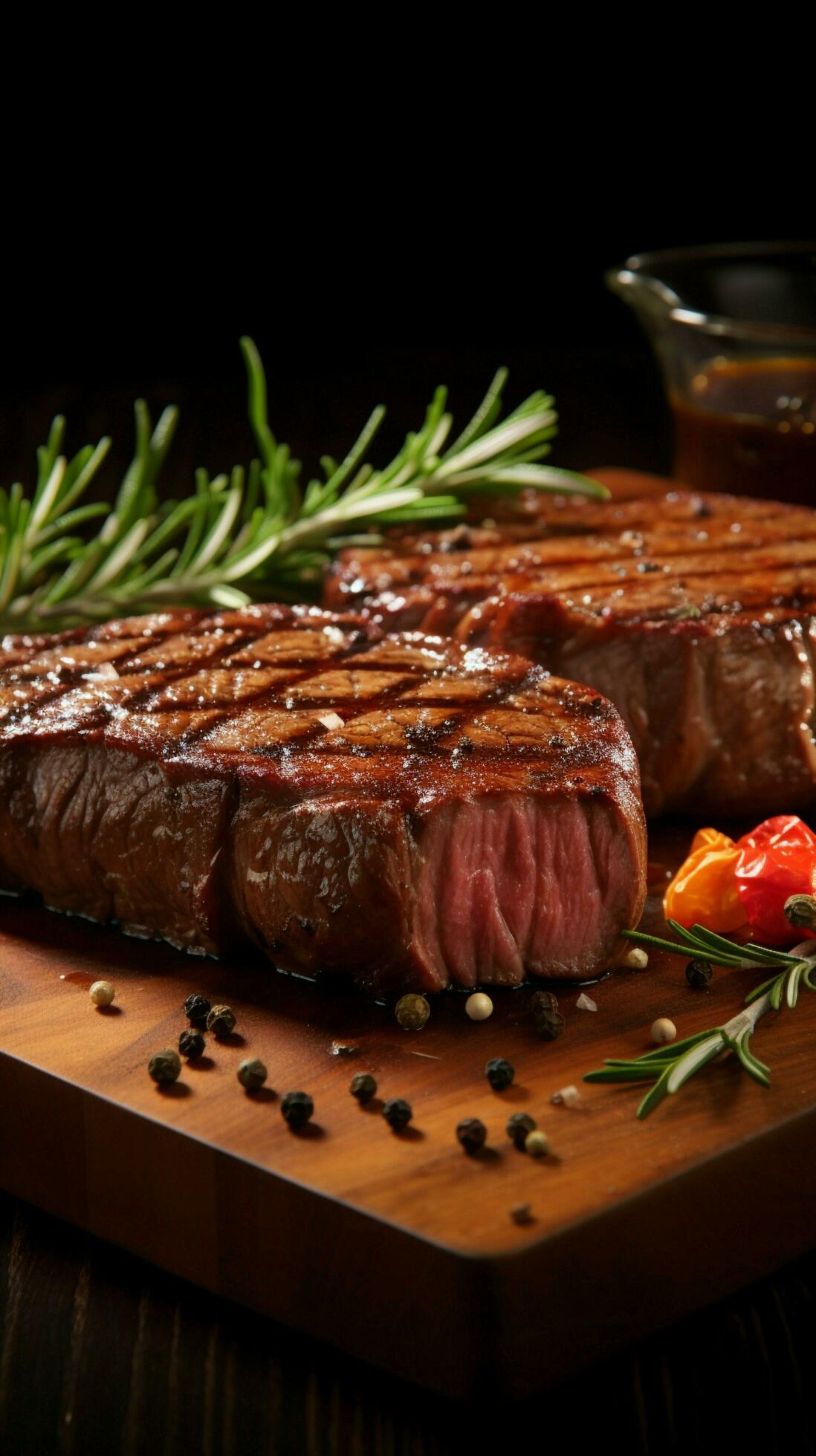 AI generated Wooden cutting board showcase grilled steak with rosemary