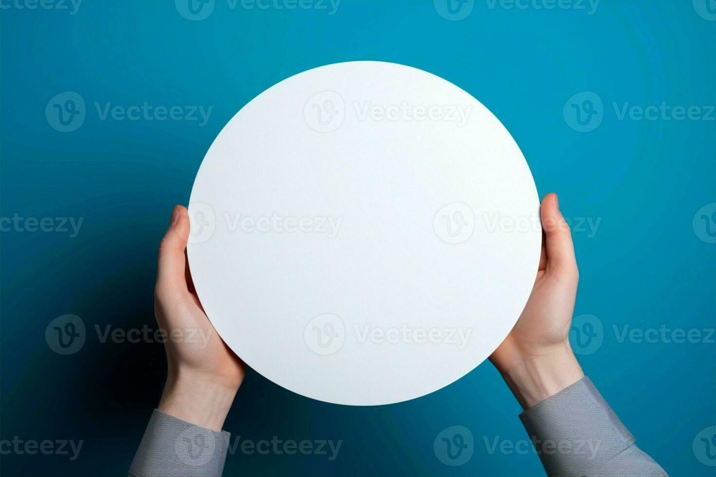 AI generated Blue background, hand holding empty white circle mockup, versatile photo
