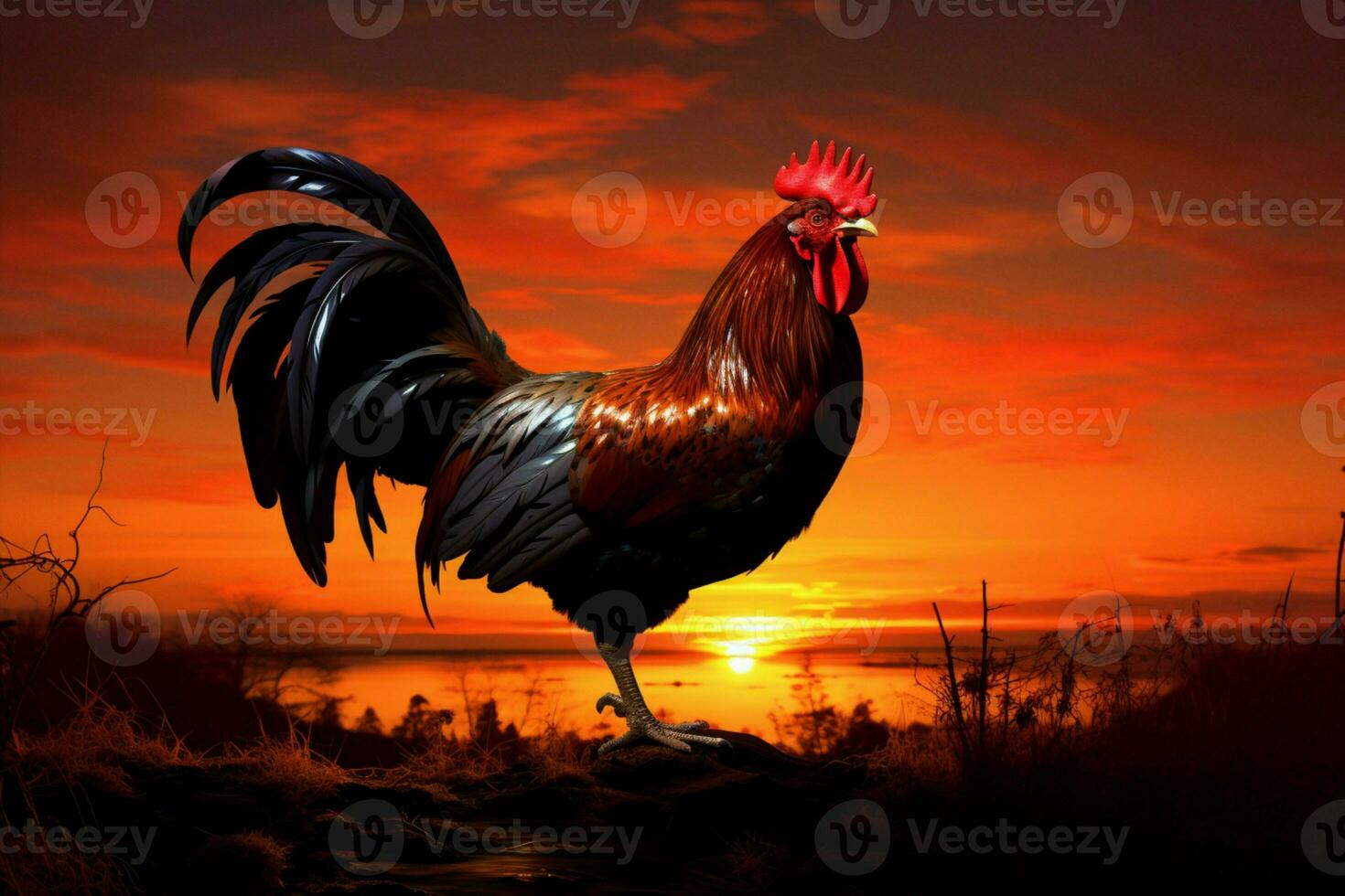 AI generated Roosters herald, morning sunrise paints a silhouette against the dawn photo