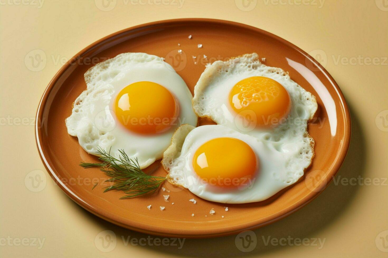 ai generado nutritivo aumentar frito huevos, un sano desayuno en un amarillo antecedentes foto