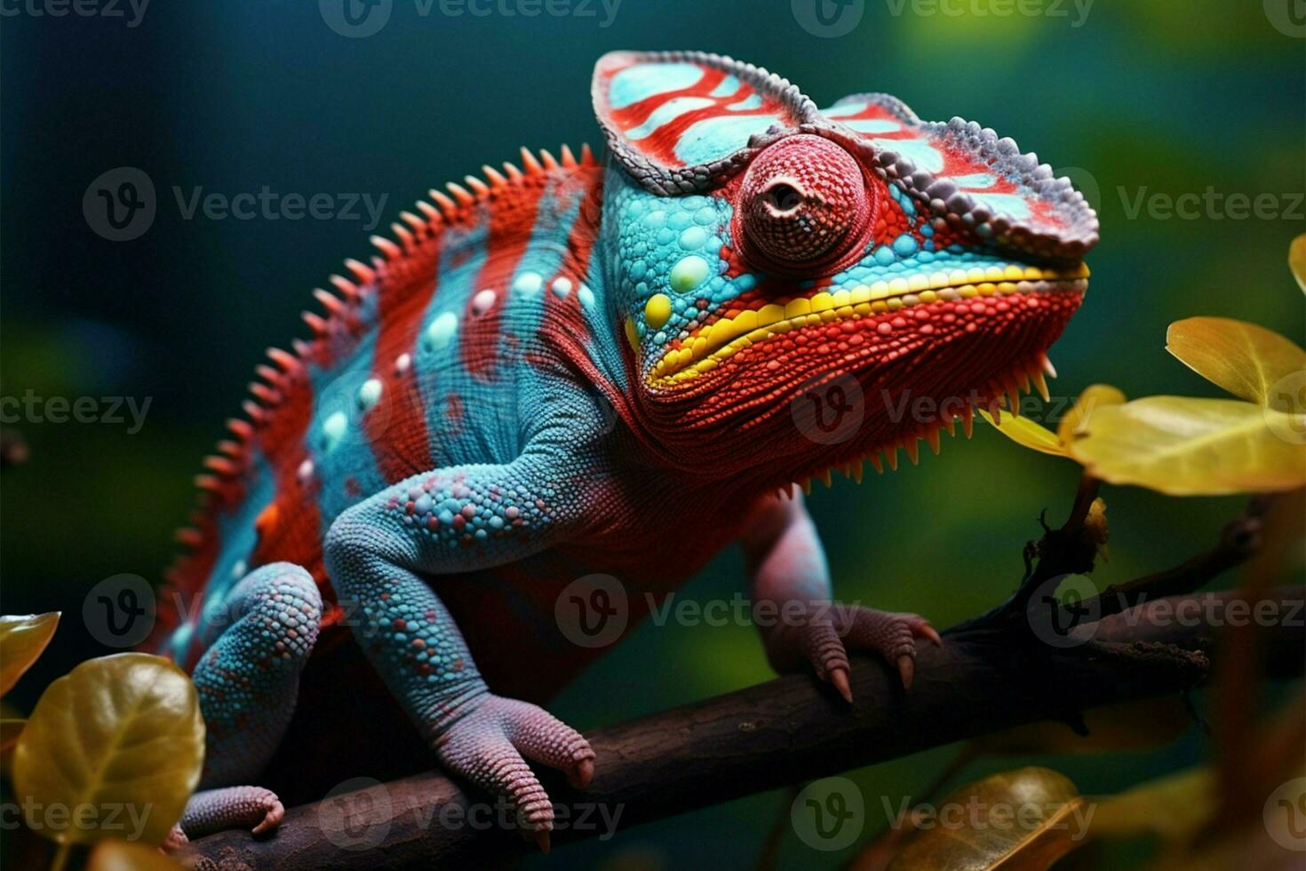 AI generated Closeup colorful chameleon on the branch, changing colors photo