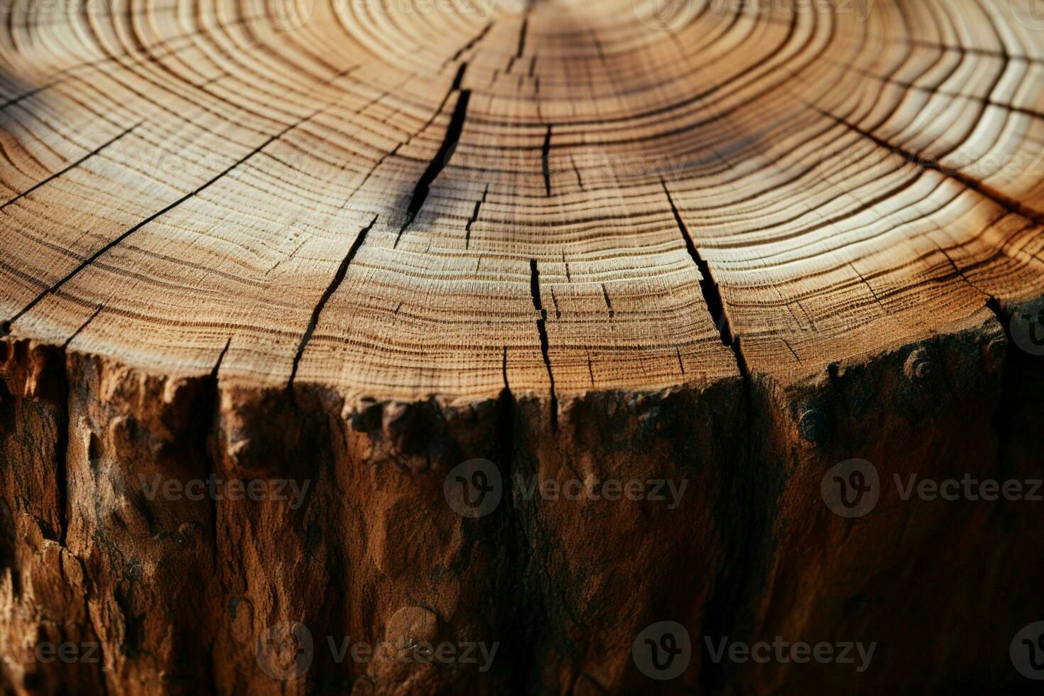 ai generado Sierra cortar sección de un sustancial acacia tocón en cerca arriba ver foto