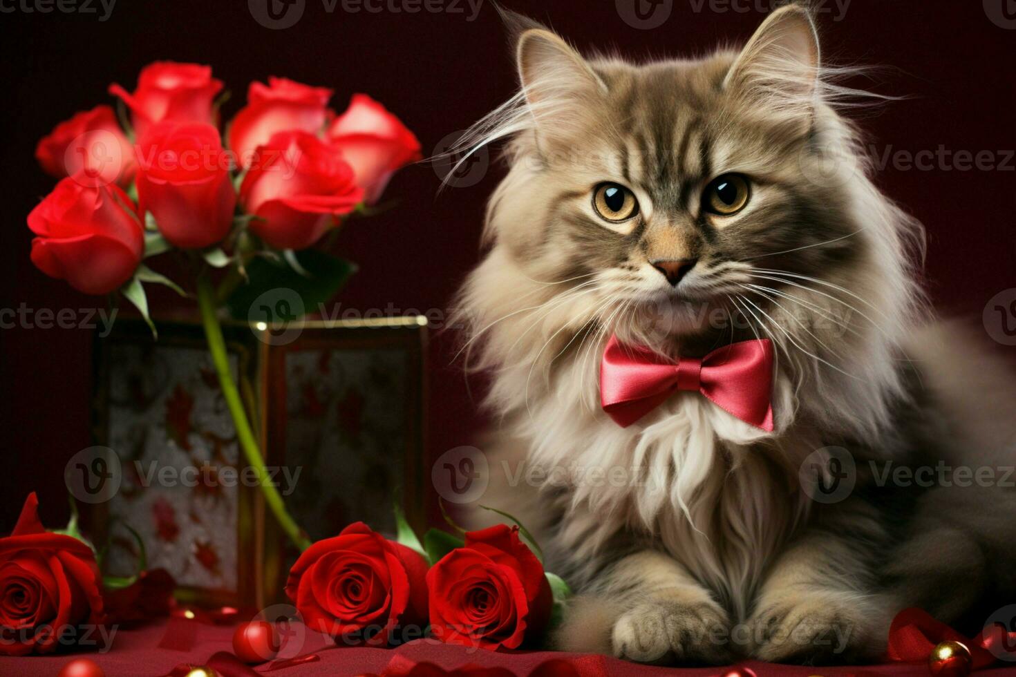 AI generated Feline elegance cat exudes sophistication in a Valentines Day setting photo