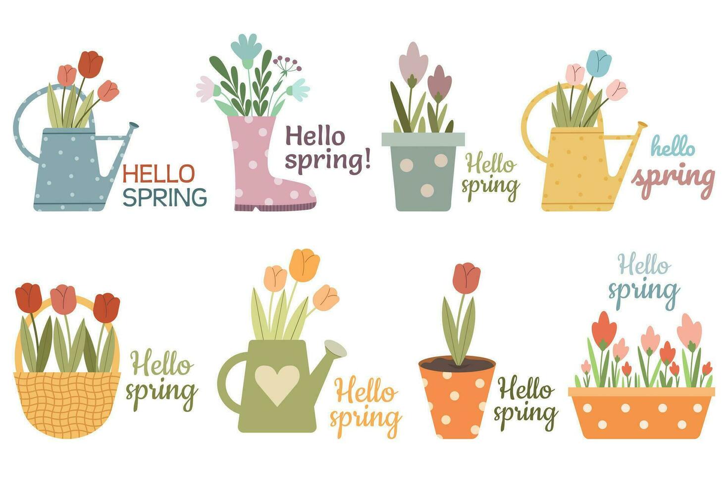 Hola primavera. conjunto de linda primavera flores en ollas. mano dibujado vector ilustración.
